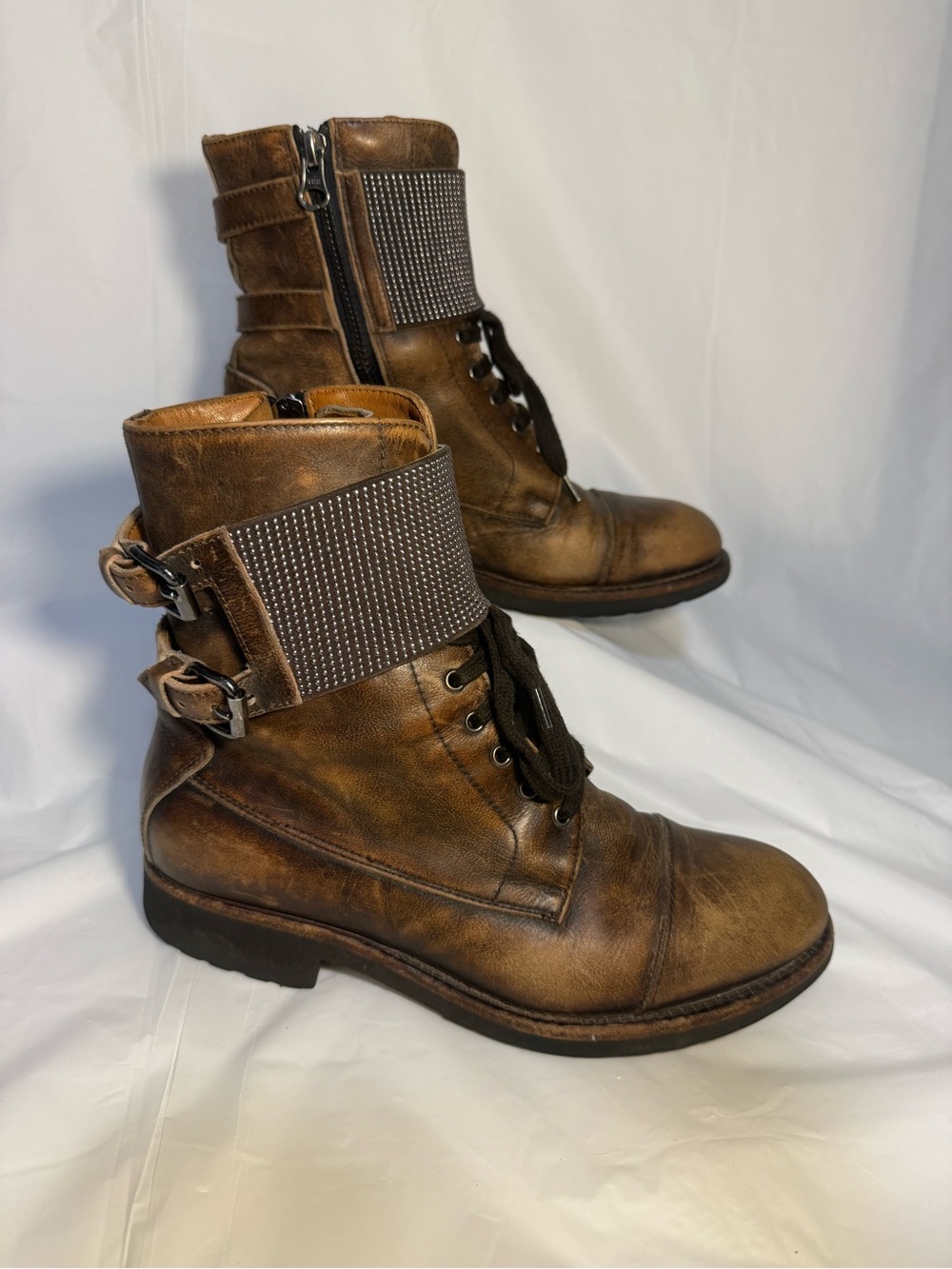 Sundance Shalee Leather Combat Buckle Ankle Boots Made In Italy Size EU 37